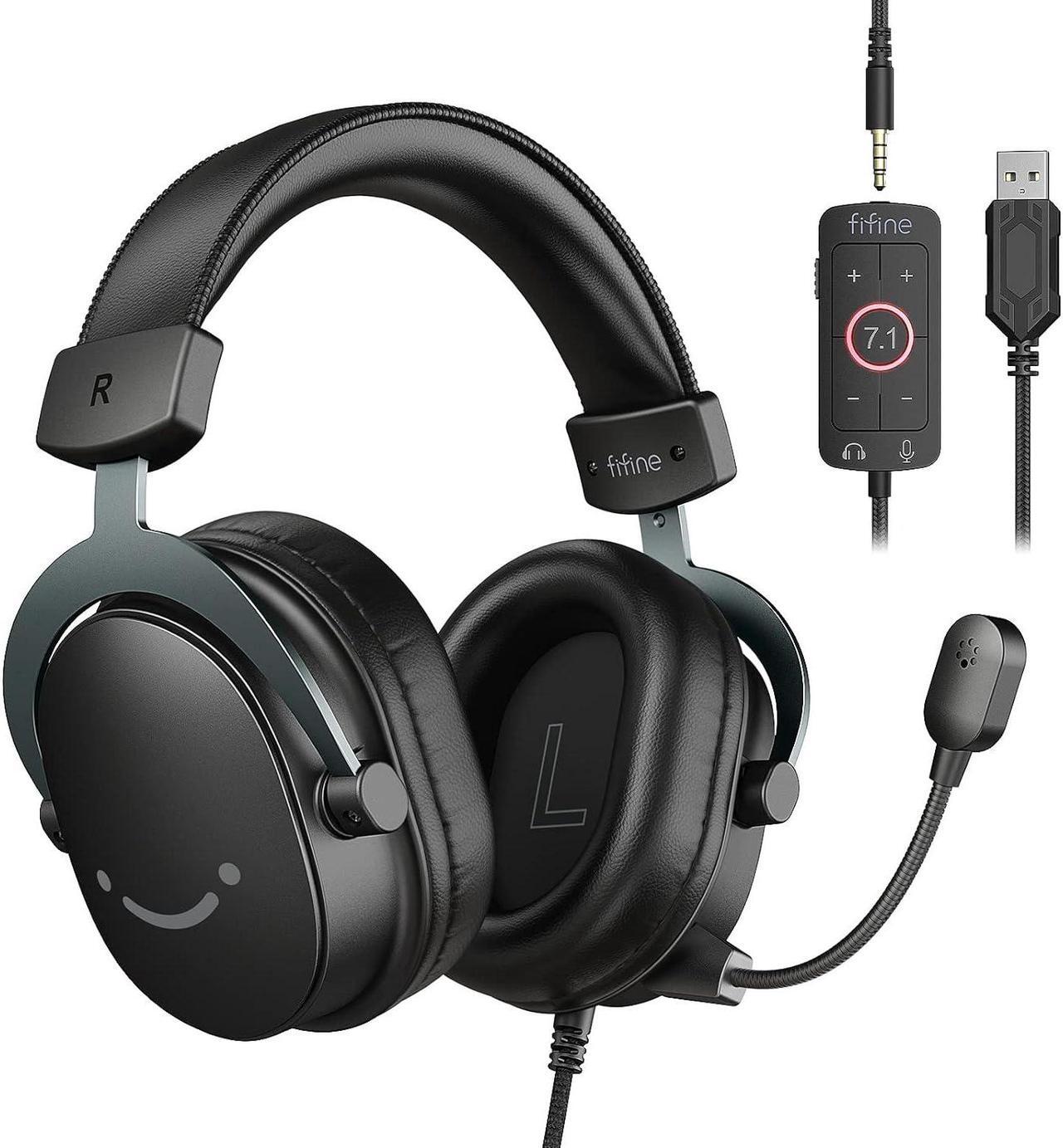 Main image of FIFINE PC Gaming Headset, USB Headset with 7.1 Surround Sound, Detachable Microphone, Control Box, 3.5mm Headphones Jack, Over-Ear Wired Headset for PS5/PS4/Xbox/Switch, Black-AmpliGame H9 (DE2304H9)