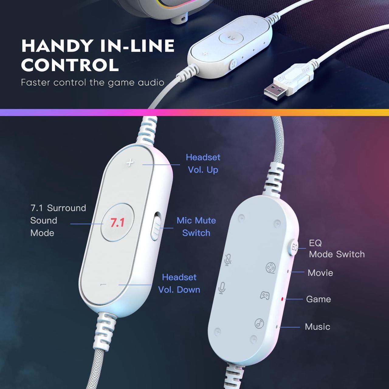 Alt view image 3 of 5 - FIFINE USB RGB Gaming Headset with 7.1 Surround Sound for PC/Laptop/PS4 (ABCD2301H6W)