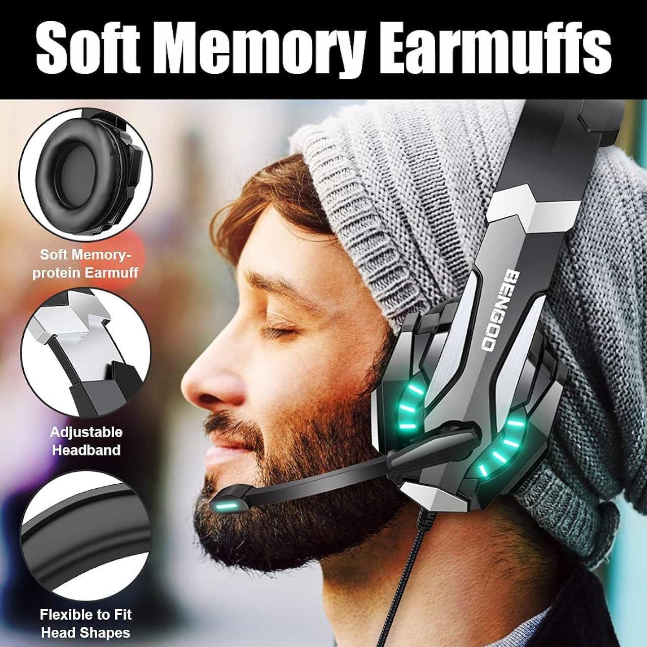 Alt view image 3 of 5 - BENGOO G9000 Stereo Gaming Headset for PS4 PC Xbox One PS5 Controller, Noise Cancelling Over Ear Headphones with Mic, LED Light, Bass Surround, Soft Memory Earmuffs for Laptop Mac - Black (G9000)