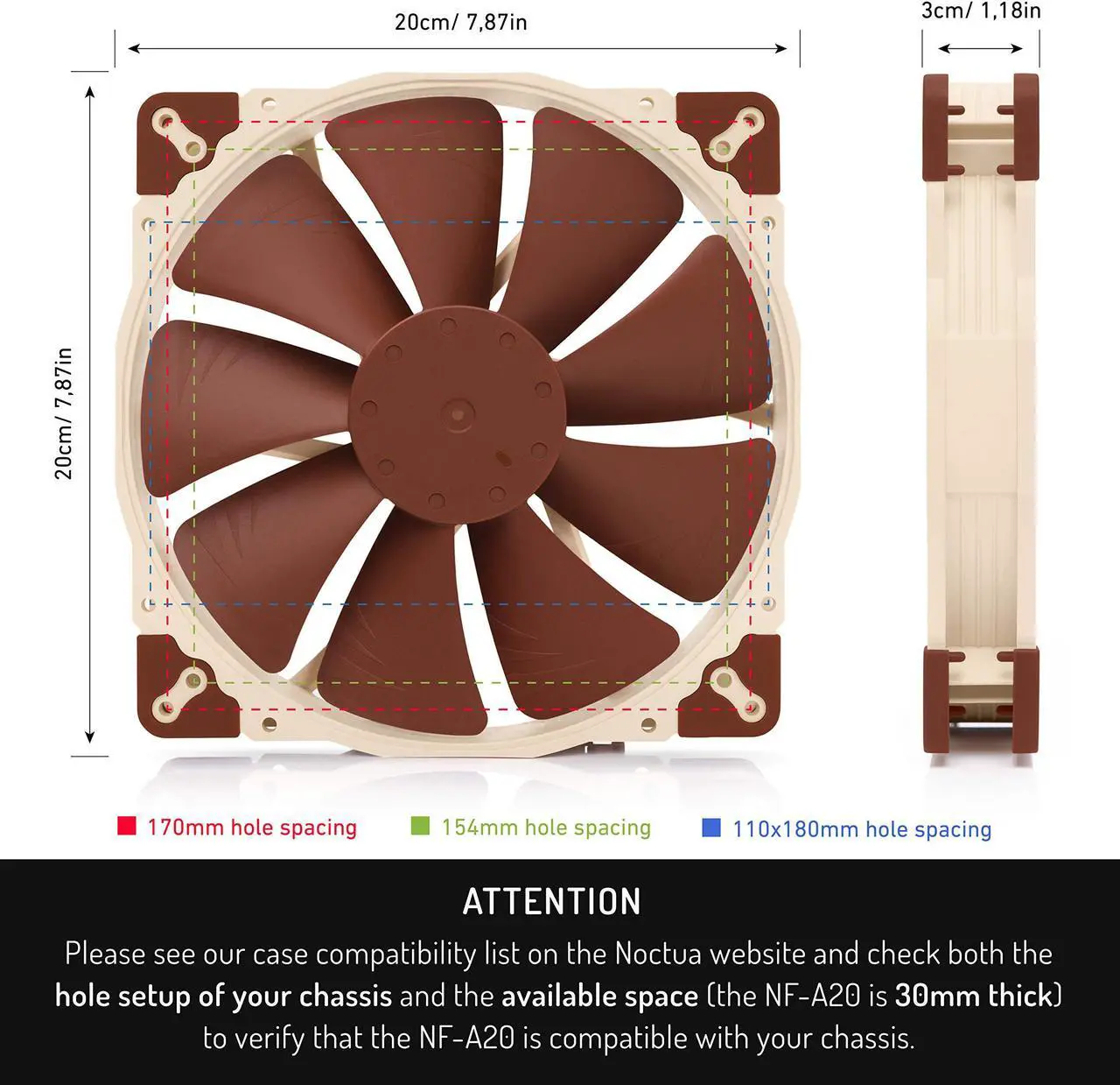 Alt view image 4 of 7 - Noctua NF-A20 FLX, Premium Quiet Fan, 3-Pin (200x30mm, Brown)