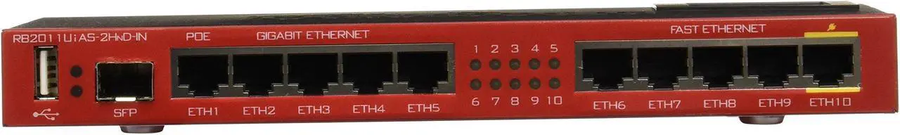 Alt view image 4 of 5 - Mikrotik RB2011UiAS-2HnD-IN 2.4GHz AP 10-port wireless Router (5x Ethernet, 5x Gigabit Ethernet), SFP cage, USB, LCD, PoE output on Eth10, 600MHz CPU, 128MB RAM