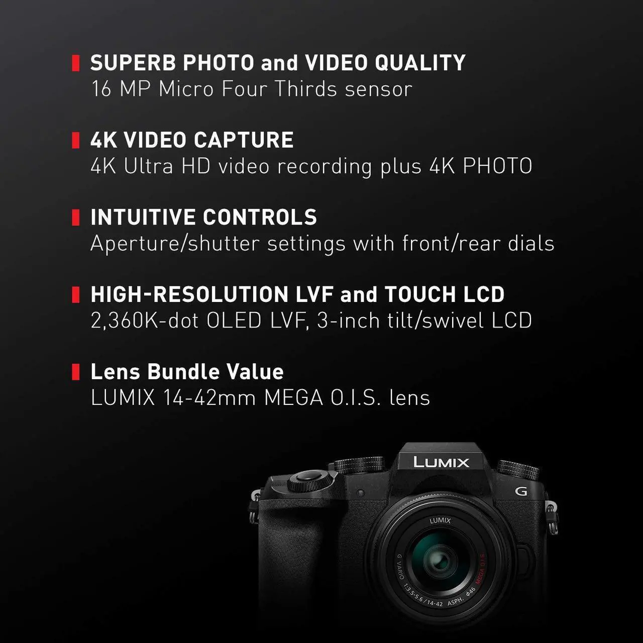 Alt view image 7 of 20 - Panasonic DMCG7/B, 14-42mm F/3.5-5.6 Ii Mega OIS, Black