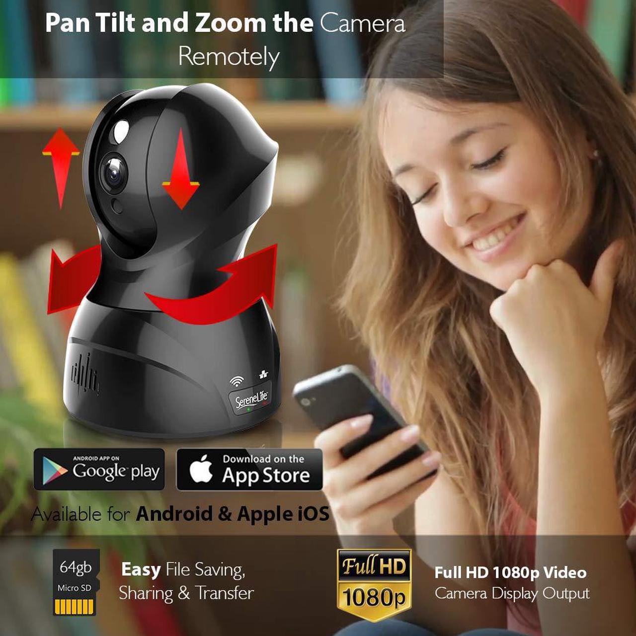 Alt view image 7 of 14 - SereneLife Indoor Wireless IP Camera - HD 1080p Network Security Surveillance Home Monitoring w/ Motion Detection, Night Vision, PTZ, 2 Way Audio - iPhone Android Mobile PC WiFi - IPCAMHD82