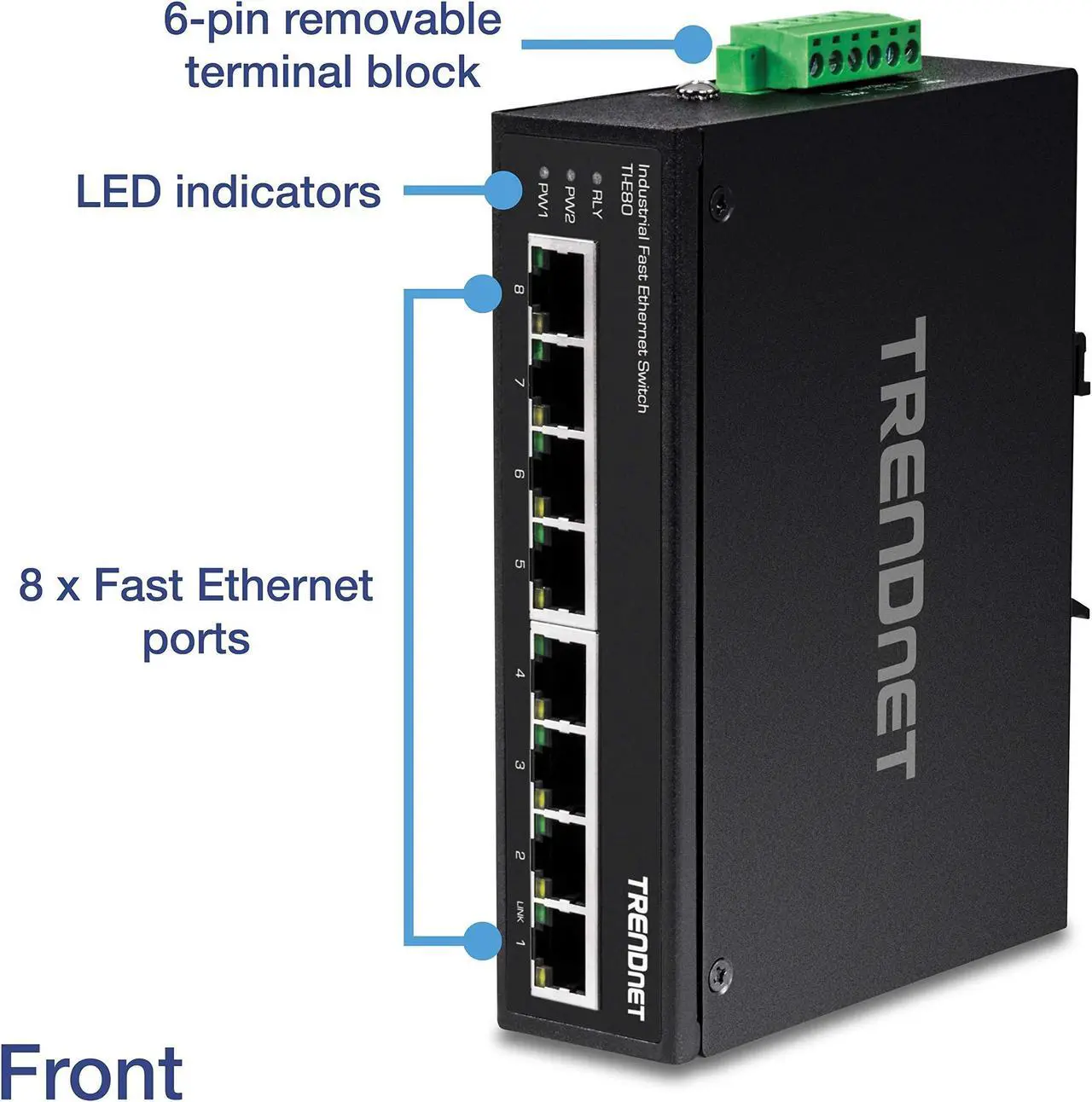 Alt view image 2 of 9 - TRENDnet 8-Port Industrial Unmanaged Fast Ethernet DIN-Rail Switch; TI-E80 8 x Fast Ethernet Ports; 1.6Gbps Switching Capacity;8 Port Network Fast Ethernet Switch;IP30 Metal Switch;Lifetime Protection