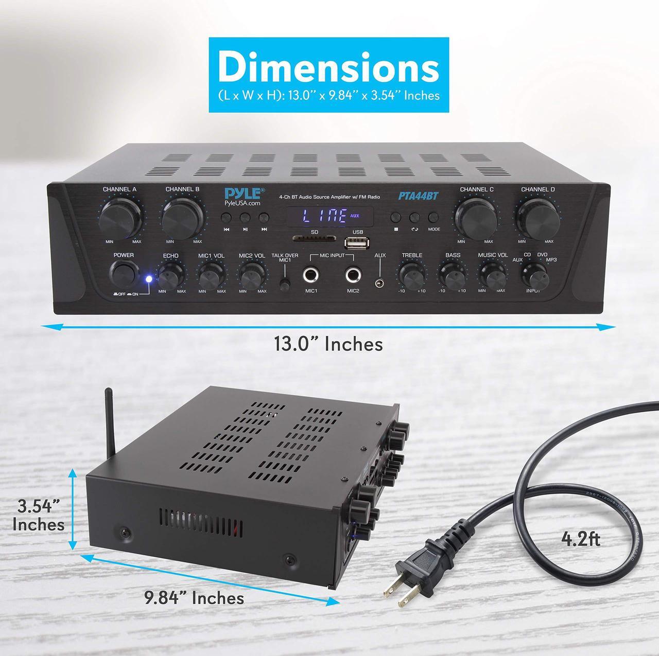 Alt view image 2 of 14 - 500W Karaoke Wireless Bluetooth Amplifier - 4 Channel Stereo Audio Home Theater Speaker Sound Power Receiver w/ AUX IN, FM, RCA Subwoofer Speakers OUT, USB, Microphone IN w/ Echo - Pyle PTA44BT
