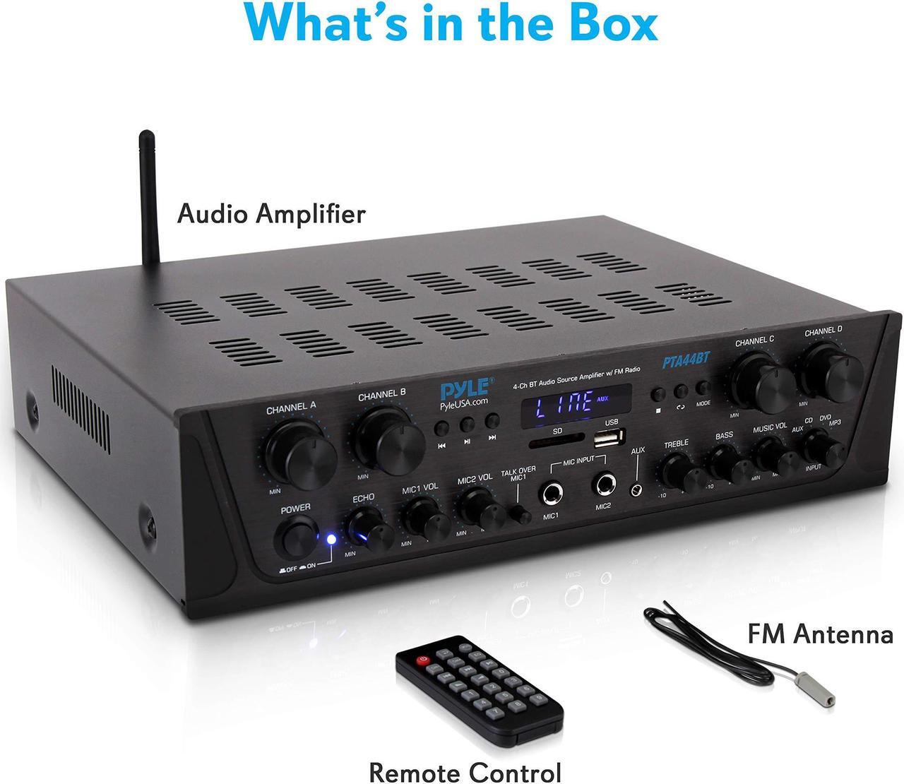 Alt view image 7 of 14 - 500W Karaoke Wireless Bluetooth Amplifier - 4 Channel Stereo Audio Home Theater Speaker Sound Power Receiver w/ AUX IN, FM, RCA Subwoofer Speakers OUT, USB, Microphone IN w/ Echo - Pyle PTA44BT