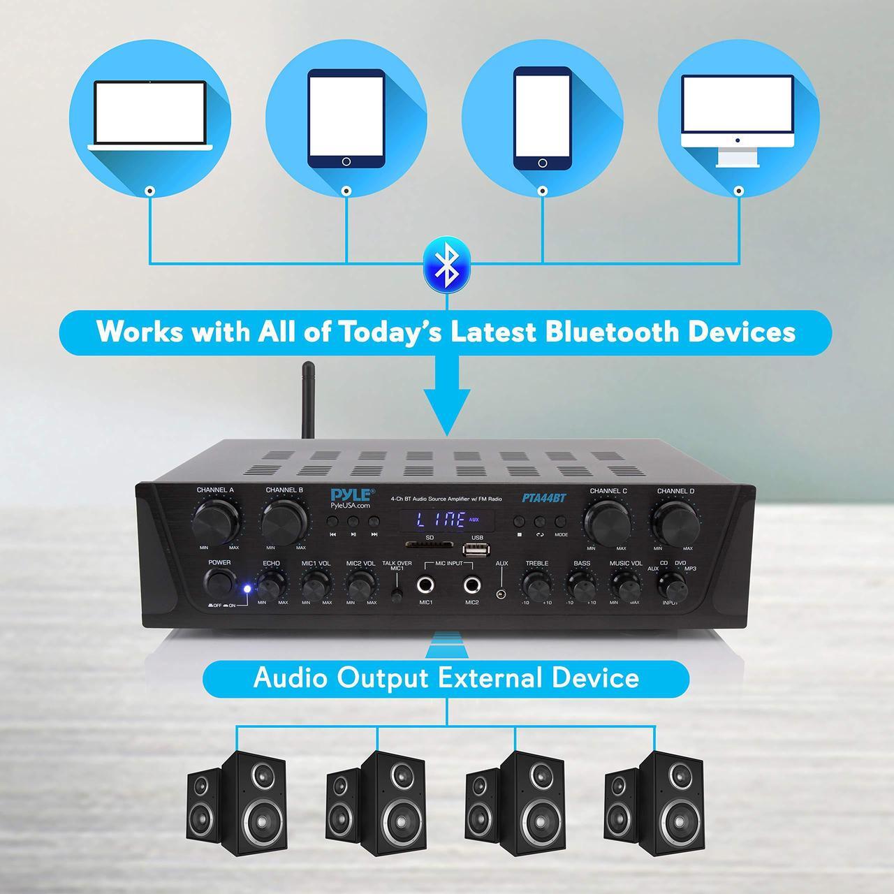 Alt view image 4 of 14 - 500W Karaoke Wireless Bluetooth Amplifier - 4 Channel Stereo Audio Home Theater Speaker Sound Power Receiver w/ AUX IN, FM, RCA Subwoofer Speakers OUT, USB, Microphone IN w/ Echo - Pyle PTA44BT