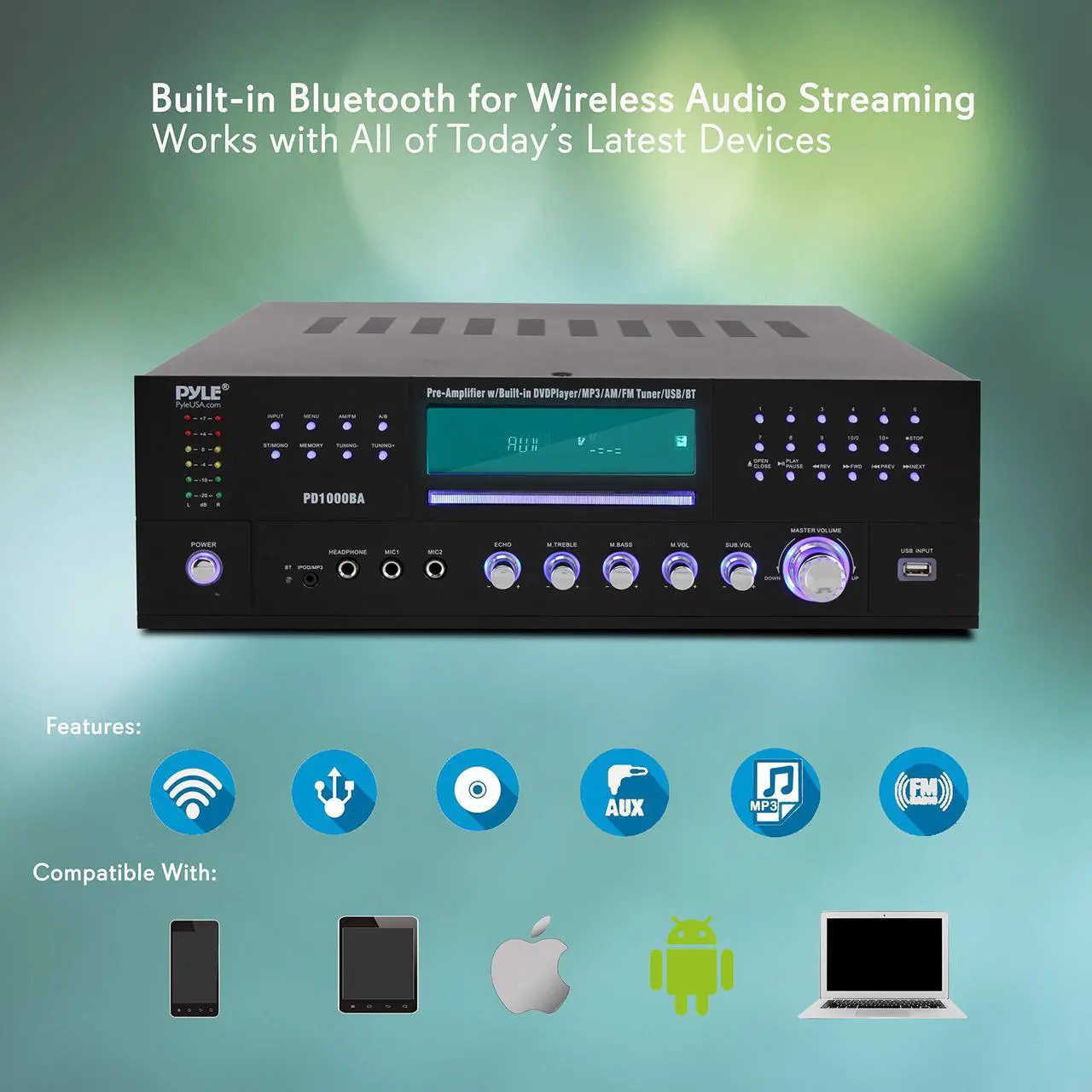 Alt view image 2 of 14 - 4-Channel Wireless Bluetooth Power Amplifier - 1000W Stereo Speaker Home Audio Receiver w/FM Radio, USB, Headphone, 2 Microphone w/Echo, Front Loading CD DVD Player, LED, Rack Mount - Pyle PD1000BA