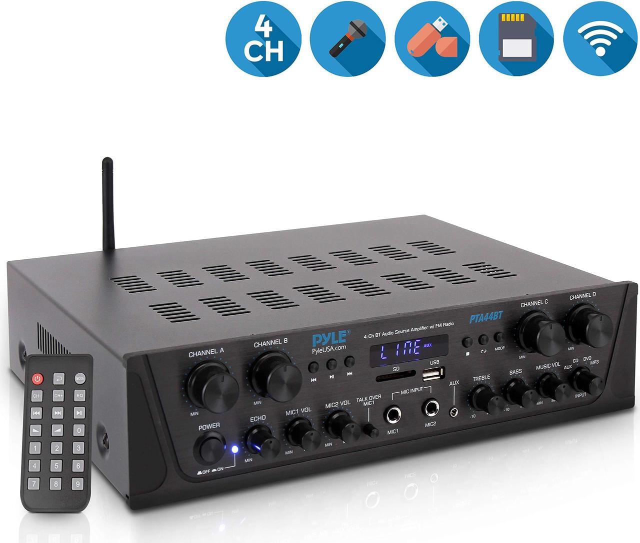 Main image of 500W Karaoke Wireless Bluetooth Amplifier - 4 Channel Stereo Audio Home Theater Speaker Sound Power Receiver w/ AUX IN, FM, RCA Subwoofer Speakers OUT, USB, Microphone IN w/ Echo - Pyle PTA44BT