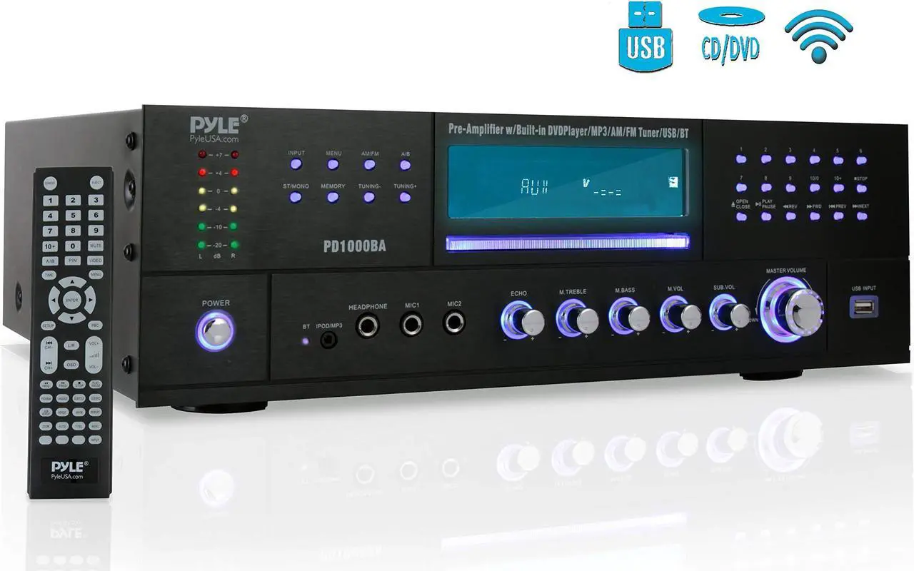 Main image of 4-Channel Wireless Bluetooth Power Amplifier - 1000W Stereo Speaker Home Audio Receiver w/FM Radio, USB, Headphone, 2 Microphone w/Echo, Front Loading CD DVD Player, LED, Rack Mount - Pyle PD1000BA