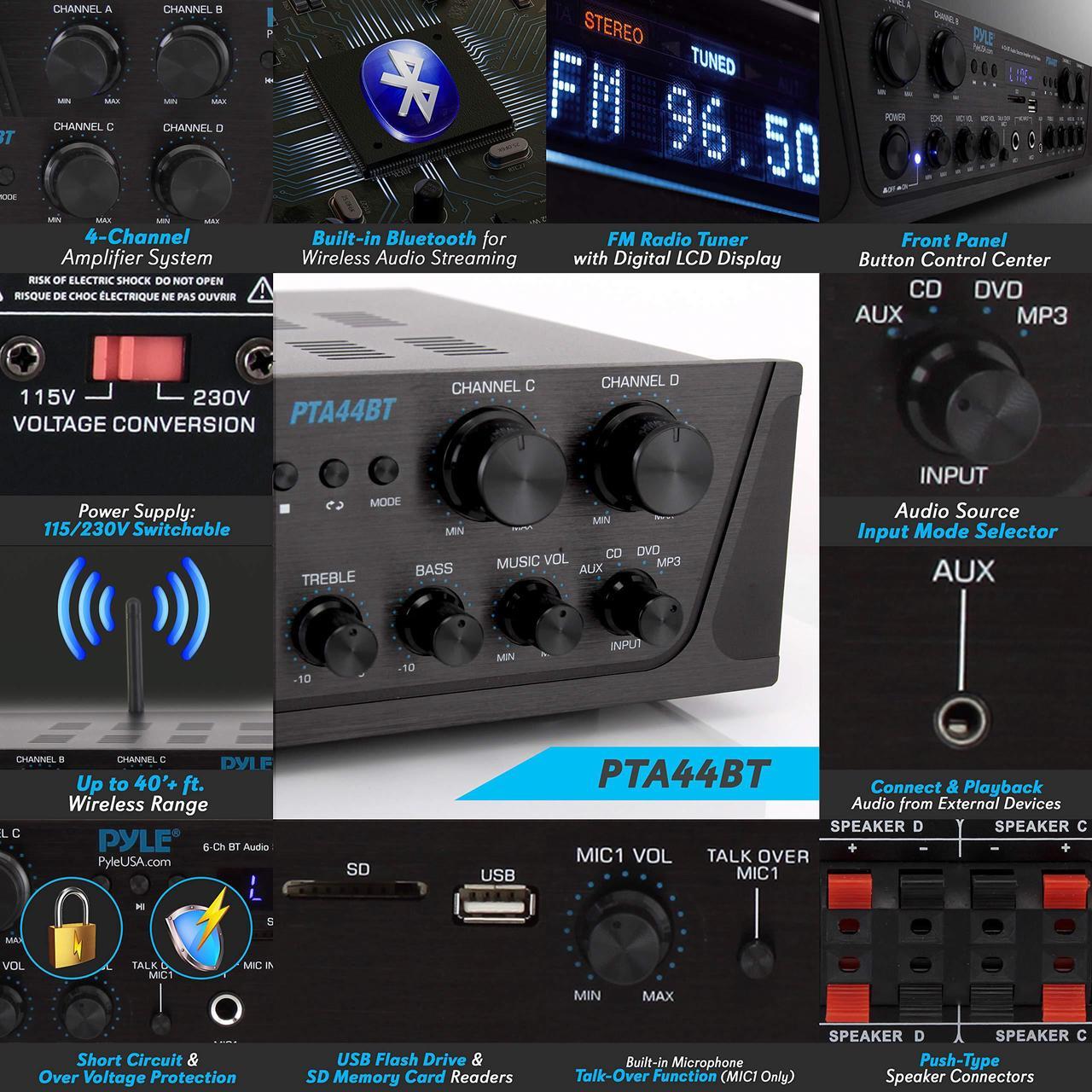 Alt view image 3 of 14 - 500W Karaoke Wireless Bluetooth Amplifier - 4 Channel Stereo Audio Home Theater Speaker Sound Power Receiver w/ AUX IN, FM, RCA Subwoofer Speakers OUT, USB, Microphone IN w/ Echo - Pyle PTA44BT