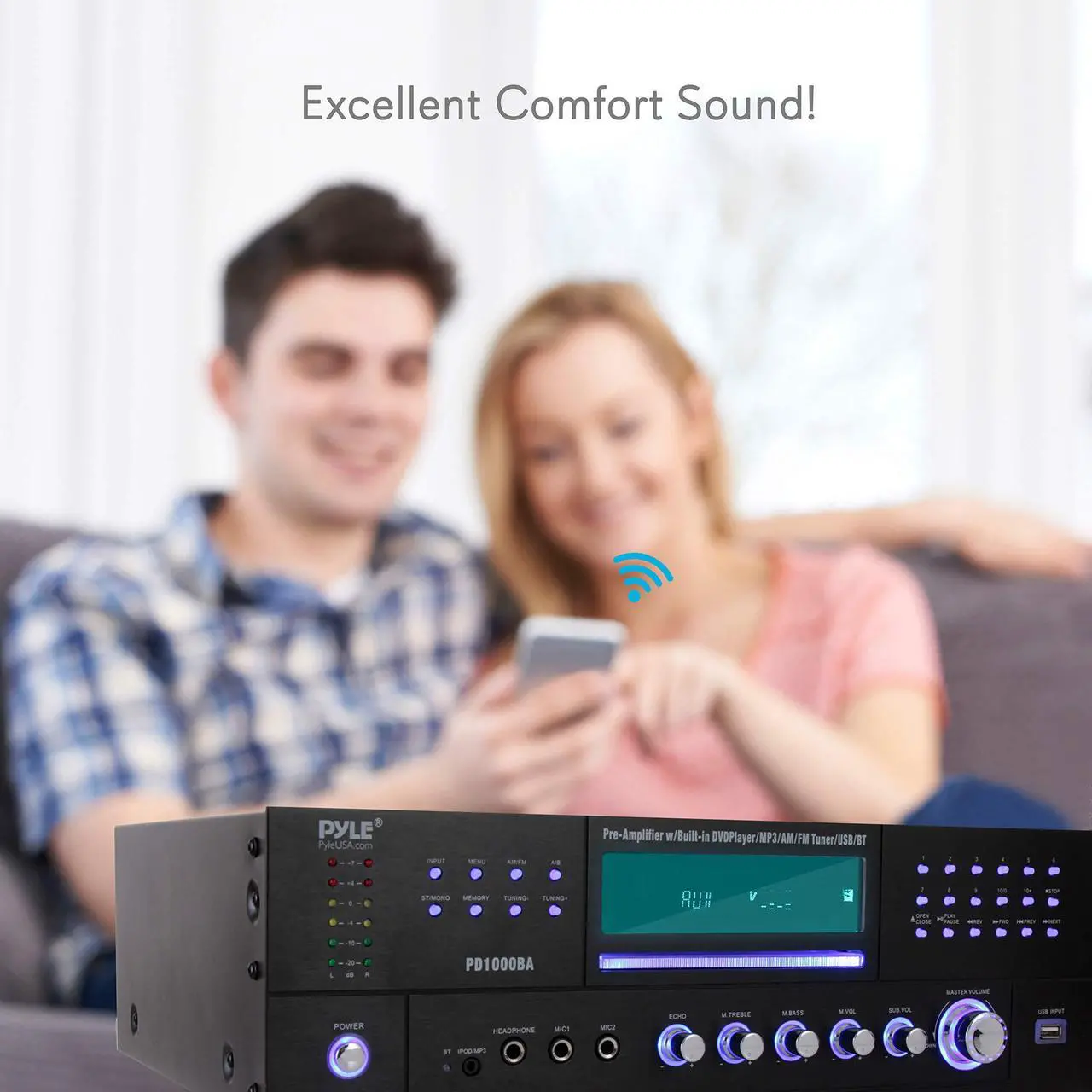 Alt view image 5 of 14 - 4-Channel Wireless Bluetooth Power Amplifier - 1000W Stereo Speaker Home Audio Receiver w/FM Radio, USB, Headphone, 2 Microphone w/Echo, Front Loading CD DVD Player, LED, Rack Mount - Pyle PD1000BA
