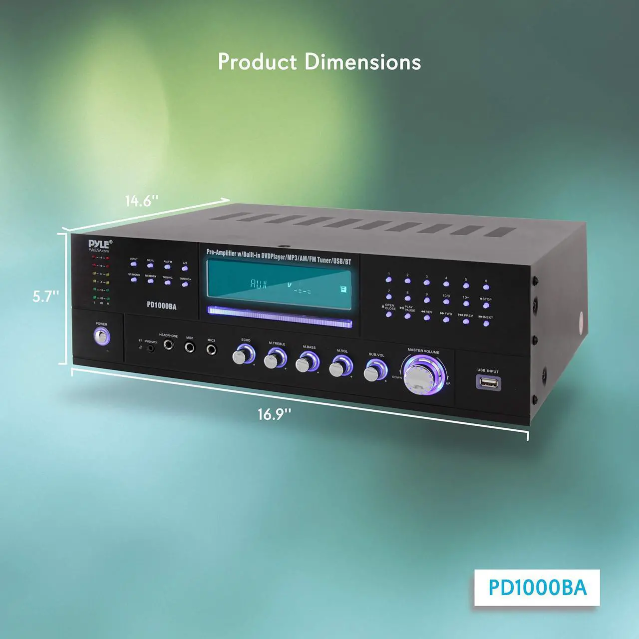 Alt view image 3 of 14 - 4-Channel Wireless Bluetooth Power Amplifier - 1000W Stereo Speaker Home Audio Receiver w/FM Radio, USB, Headphone, 2 Microphone w/Echo, Front Loading CD DVD Player, LED, Rack Mount - Pyle PD1000BA