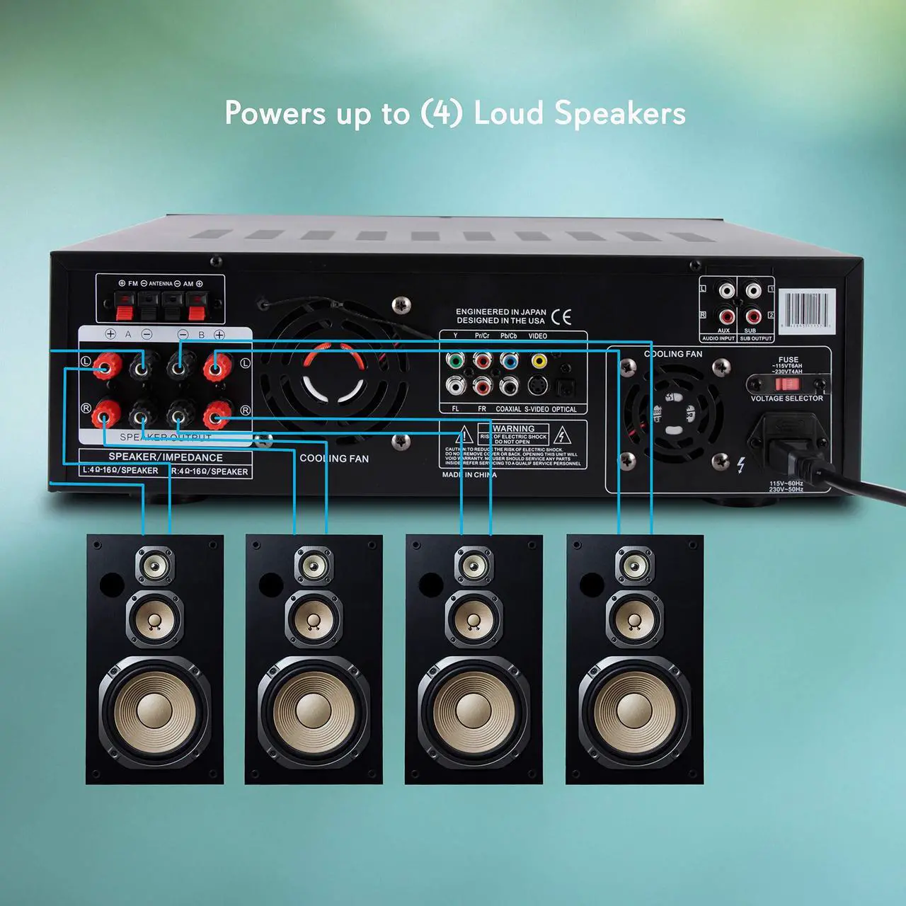 Alt view image 4 of 14 - 4-Channel Wireless Bluetooth Power Amplifier - 1000W Stereo Speaker Home Audio Receiver w/FM Radio, USB, Headphone, 2 Microphone w/Echo, Front Loading CD DVD Player, LED, Rack Mount - Pyle PD1000BA