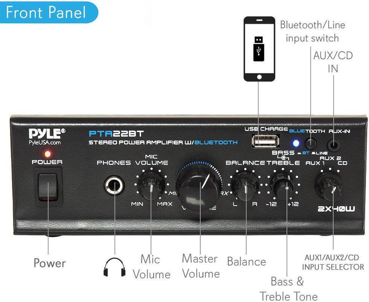 Alt view image 6 of 20 - Home Audio Power Amplifier System - 2X40W Mini Dual Channel Mixer Sound Stereo Receiver Box w/ AUX, Mic Input - For Amplified Speakers, PA, CD Player, Theater via RCA, Studio Use - Pyle PTA2