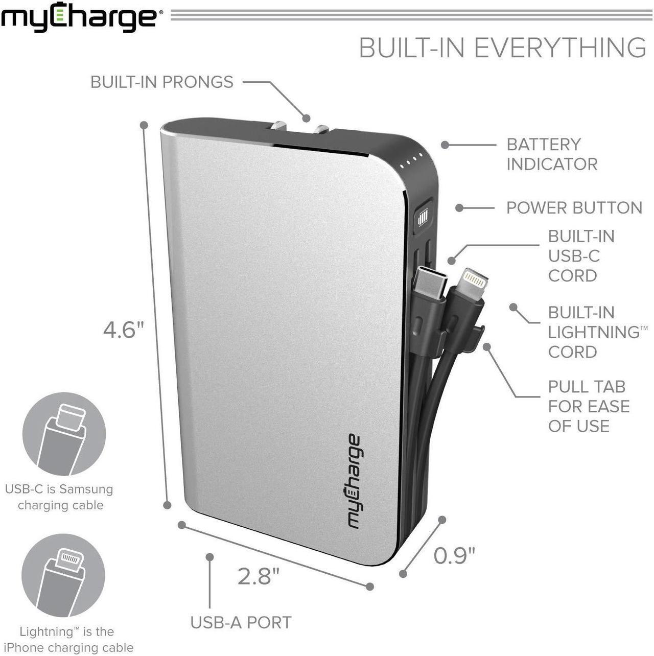 Alt view image 2 of 11 - myCharge Portable Charger Power Bank - HubMax Universal 10050 mAh External Battery Pack | Wall Charger Foldable Plug | Built in Cables (iPhone Charger Lightning Cable and Android Samsung USB C)