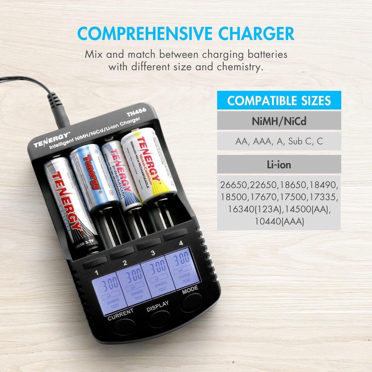 Alt view image 2 of 7 - Tenergy TN456 Intelligent Universal Battery Charger with 4 Slots, LCD Display, USB Output, Power Adapter, Rechargeable Battery Charger for Li-ion/NiMH/NiCD Rechargeable Batteries