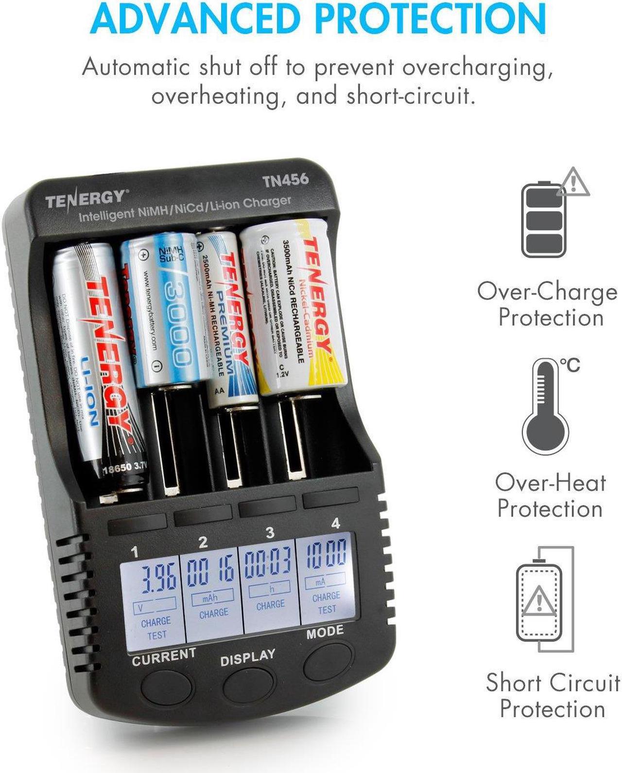 Alt view image 6 of 7 - Tenergy TN456 Intelligent Universal Battery Charger with 4 Slots, LCD Display, USB Output, Power Adapter, Rechargeable Battery Charger for Li-ion/NiMH/NiCD Rechargeable Batteries