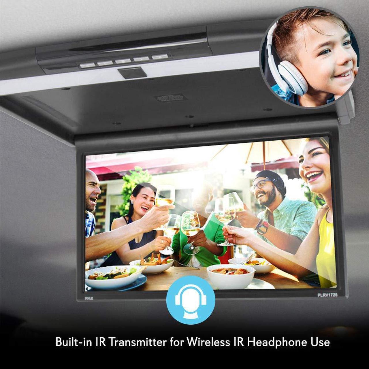 Alt view image 4 of 8 - Car Overhead Monitor Screen Display - 17.3 inch. LCD Vehicle Flip Down Roof Mount Console - HDMI TV Player Control Panel w/Built-in IR Transmitter for Wireless IR Headphone - Pyle PLRV1725