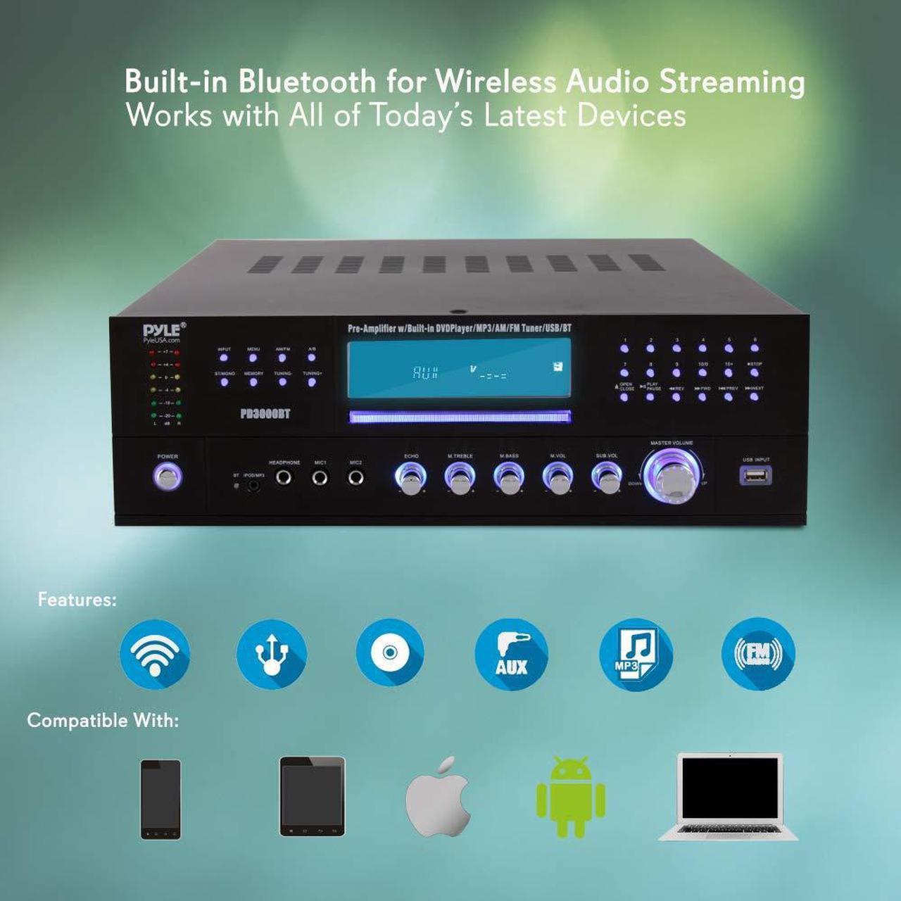 Alt view image 2 of 14 - 4-Channel Home Theater Bluetooth Preamplifier - 3000 Watt Stereo Speaker Home Audio Receiver Preamp w/ Radio, USB, 2 Microphone w/ Echo for Karaoke, CD DVD Player, LCD, Rack Mount - Pyle PD3000BT