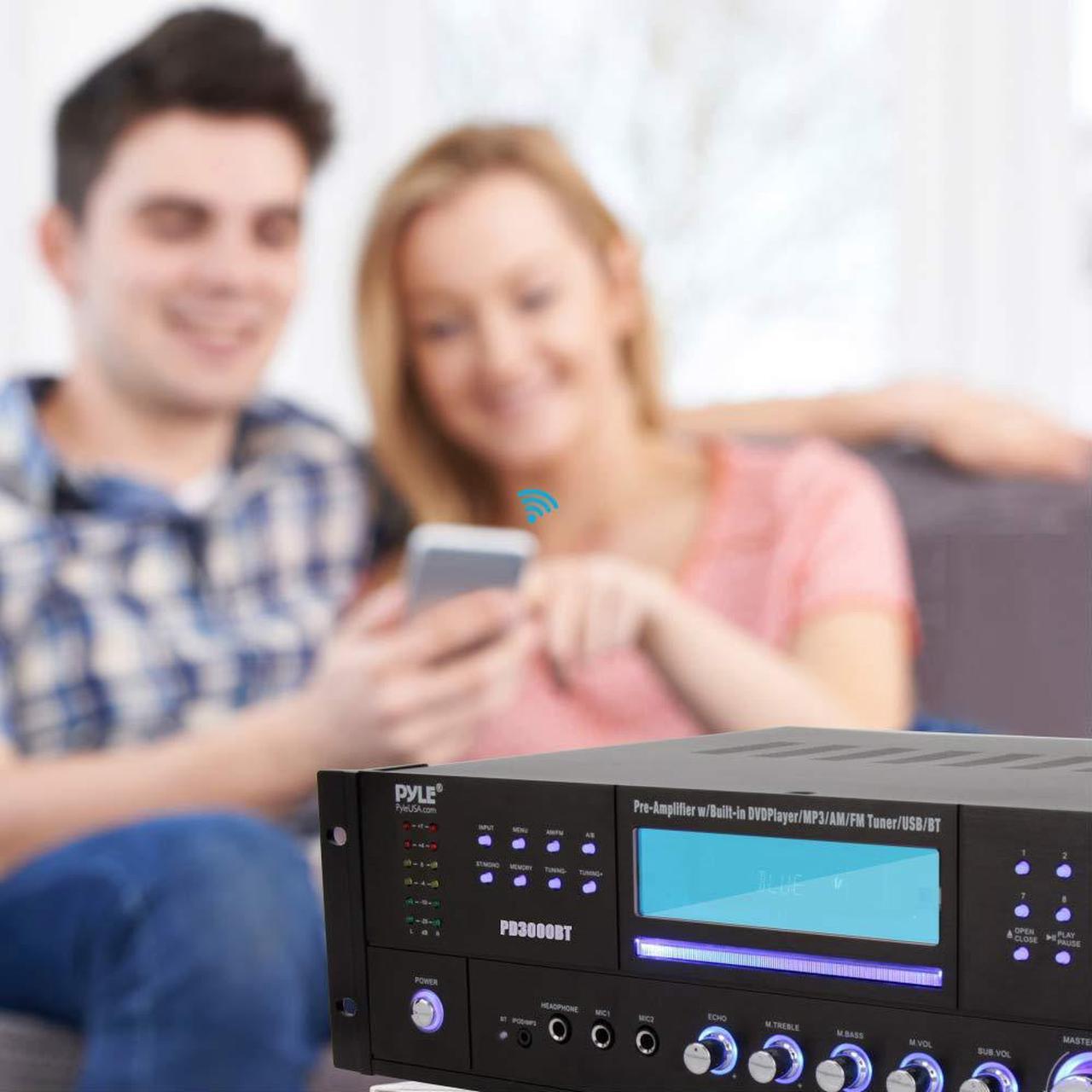Alt view image 5 of 14 - 4-Channel Home Theater Bluetooth Preamplifier - 3000 Watt Stereo Speaker Home Audio Receiver Preamp w/ Radio, USB, 2 Microphone w/ Echo for Karaoke, CD DVD Player, LCD, Rack Mount - Pyle PD3000BT