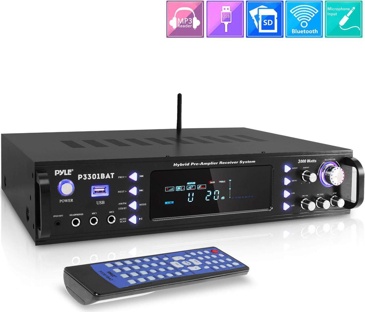 Main image of Wireless Bluetooth Home Stereo Amplifier - Hybrid Multi-Channel 3000 Watt Power Amplifier Home Audio Receiver System w/AM/FM Radio, MP3/USB,AUX,RCA Karaoke Mic in - Rack Mount, Remote - Pyle P3301BAT