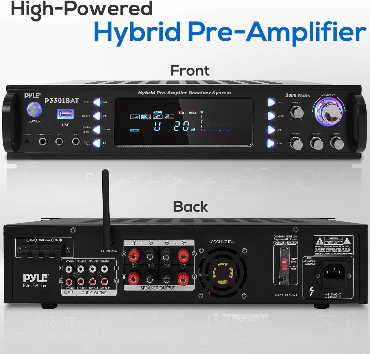 Alt view image 2 of 20 - Wireless Bluetooth Home Stereo Amplifier - Hybrid Multi-Channel 3000 Watt Power Amplifier Home Audio Receiver System w/AM/FM Radio, MP3/USB,AUX,RCA Karaoke Mic in - Rack Mount, Remote - Pyle P3301BAT