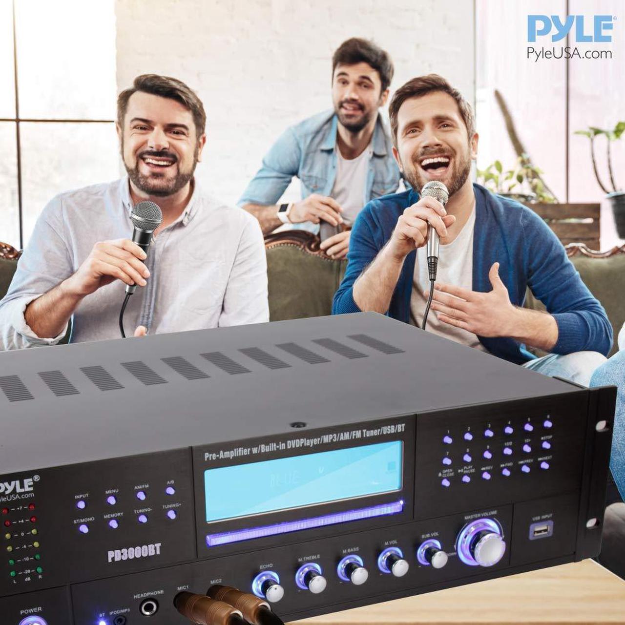Alt view image 6 of 14 - 4-Channel Home Theater Bluetooth Preamplifier - 3000 Watt Stereo Speaker Home Audio Receiver Preamp w/ Radio, USB, 2 Microphone w/ Echo for Karaoke, CD DVD Player, LCD, Rack Mount - Pyle PD3000BT