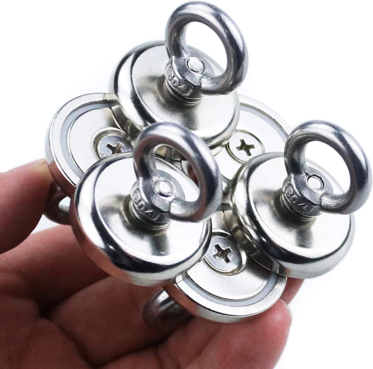 Alt view image 2 of 6 - Super Strong Neodymium Fishing Magnets, 85 lbs(38.5 KG) Pulling Force Rare Earth Magnet with Countersunk Hole Eyebolt Diameter 1.26 inch(32 mm) for Retrieving in River and Magnetic Fishing - 6 Pack