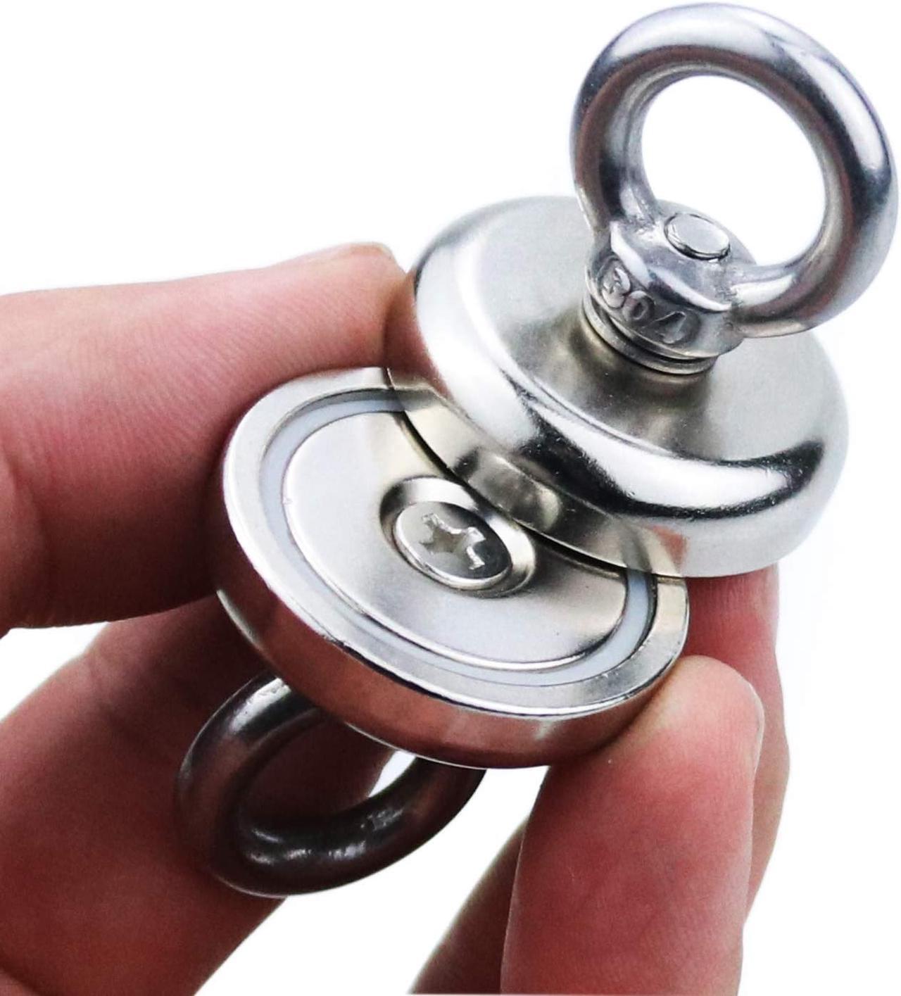 Alt view image 3 of 6 - Super Strong Neodymium Fishing Magnets, 85 lbs(38.5 KG) Pulling Force Rare Earth Magnet with Countersunk Hole Eyebolt Diameter 1.26 inch(32 mm) for Retrieving in River and Magnetic Fishing - 6 Pack