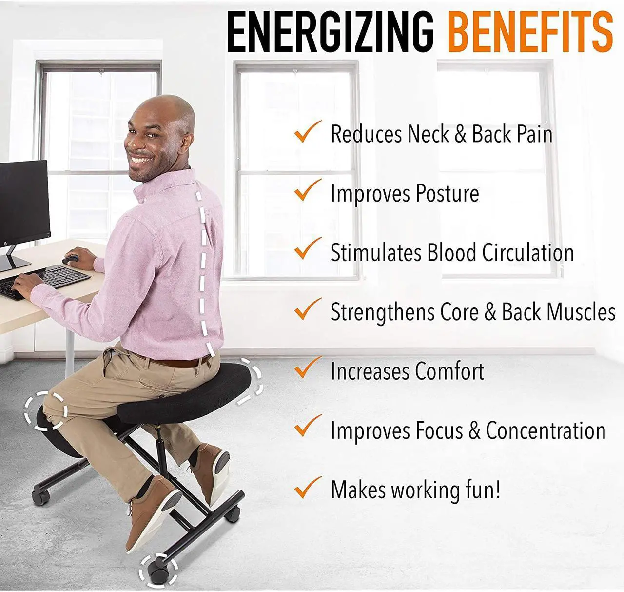 Alt view image 3 of 7 - ProErgo Pneumatic Ergonomic Kneeling Chair | New & Improved! | Fully Adjustable Mobile Office Seating | Improve Posture to Relieve Neck & Back Pain | Easy Assembly | Use in Home, Office, or Classroom!