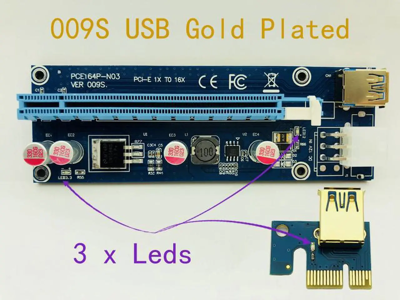Alt view image 2 of 6 - 6pcs 009S Riser 3 LED Golden USB 3.0 PCI Express 1X 4x 8x 16x Riser Card SATA to 6pin Power Cable for BTC Miner Antminer Mining