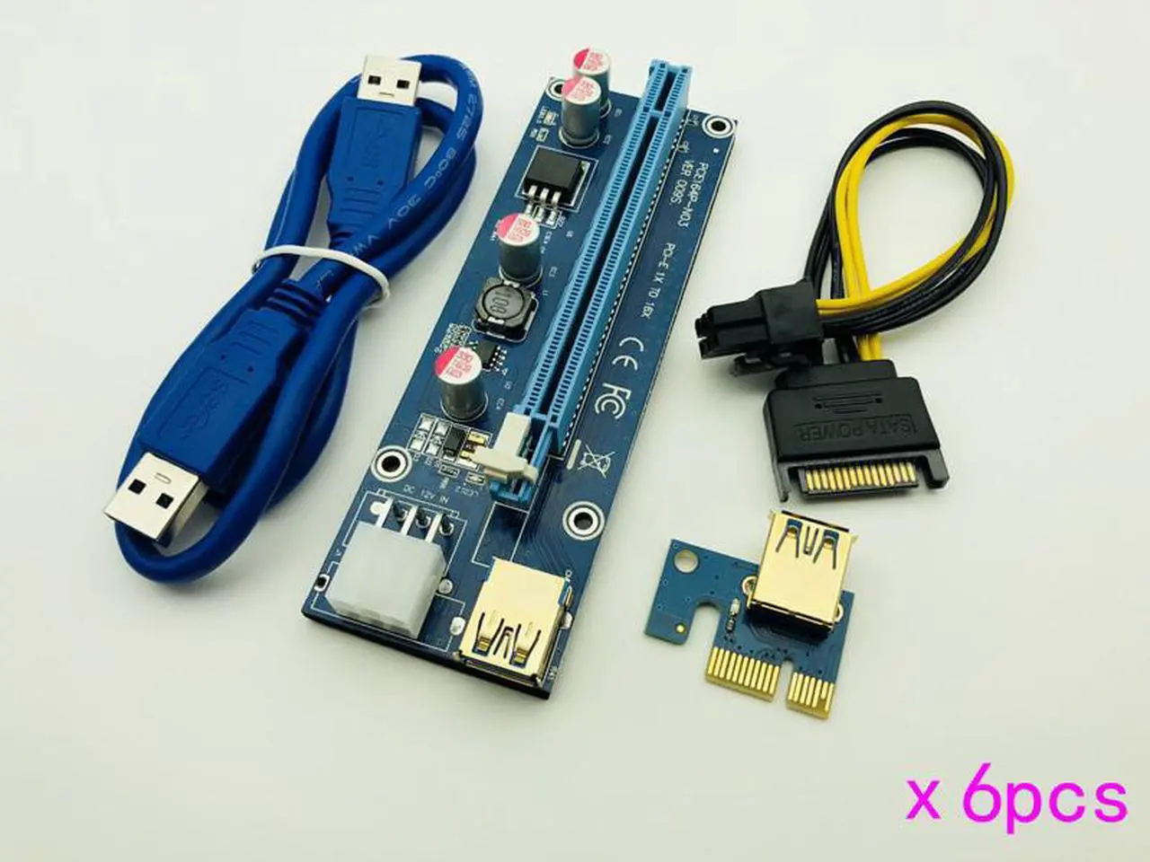 Alt view image 6 of 6 - 6pcs 009S Riser 3 LED Golden USB 3.0 PCI Express 1X 4x 8x 16x Riser Card SATA to 6pin Power Cable for BTC Miner Antminer Mining