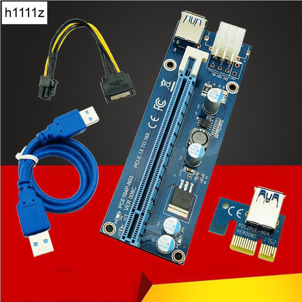 008C PC PCIe PCI-E PCI Express Riser Card 1x to 16x USB 3.0 Data Cable SATA to 6Pin IDE Molex Power Supply for BTC Miner Machine