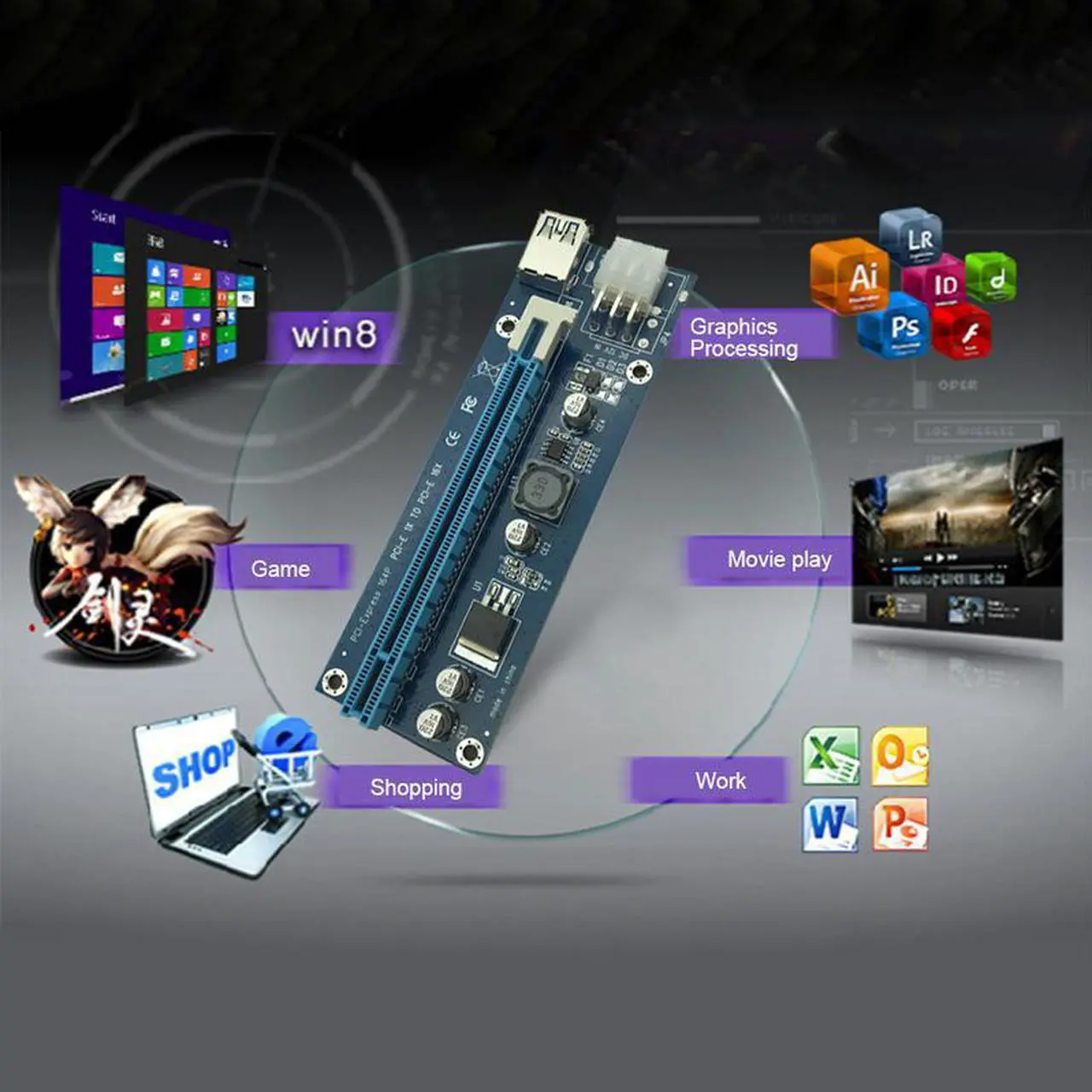 Alt view image 4 of 6 - Mainboard CPU Graphics Card Extention Cables PCI-E 1X to 16X Extender Riser Card SATA 4P Power Cable 4P Adapter Cable