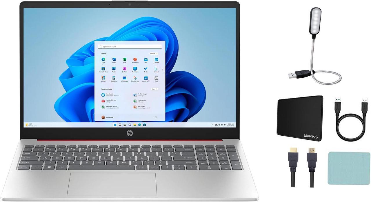 Main image of HP 15.6" HD Display, Intel Processor N200 (Pentium), 1.1 GHz, 16GB RAM, 128GB UFS, Numeric Keypad, Windows 11 Home, One Year Microsoft 365 Included, Bluetooth, Wi-Fi 6, Red + Mazepoly Accessories