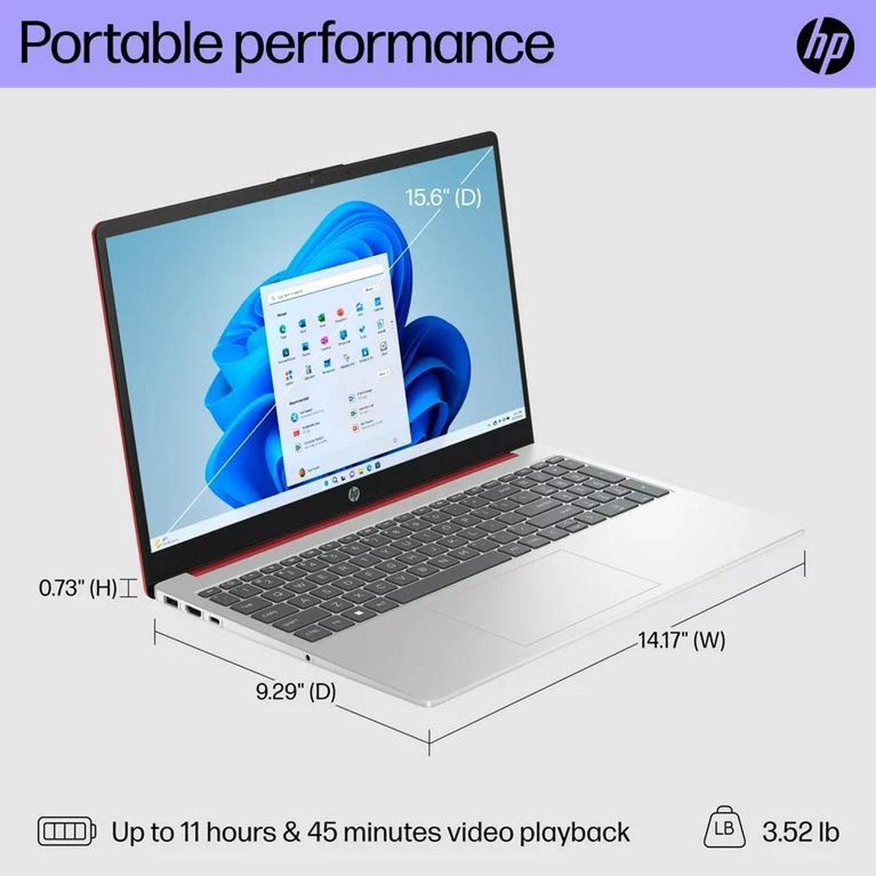 Alt view image 4 of 6 - HP 15.6" HD Display, Intel Processor N200 (Pentium), 1.1 GHz, 16GB RAM, 128GB UFS, Numeric Keypad, Windows 11 Home, One Year Microsoft 365 Included, Bluetooth, Wi-Fi 6, Red + Mazepoly Accessories