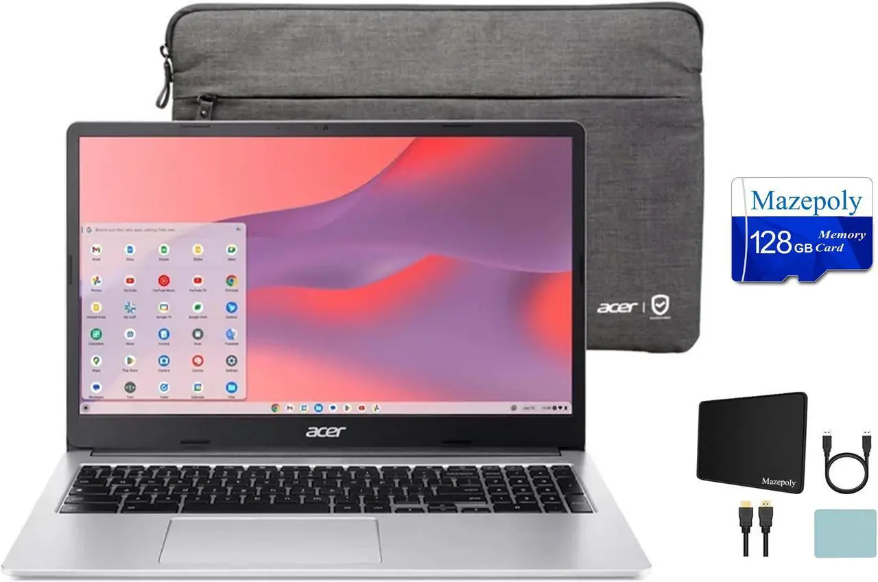 Main image of Acer Chromebook 315 (2023) Laptop, 15.6" FHD IPS Display, Intel Celeron N4500, 4GB RAM, 64GB eMMC, Pure Silver, Chrome OS, Wi-Fi 6, Protective Sleeve Included + Mazepoly Accessories