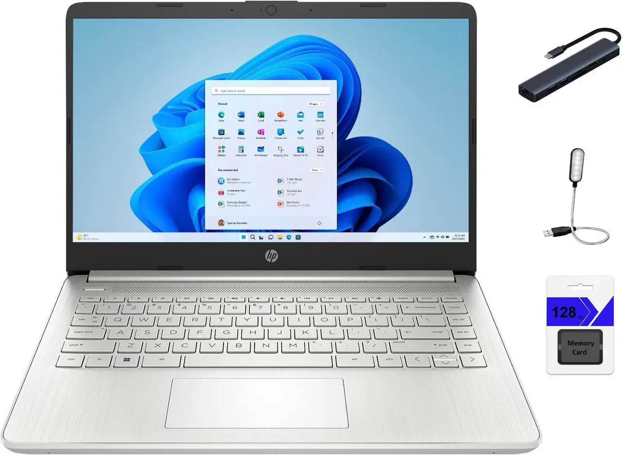 Main image of HP 14" HD (1366 x 768) Display Laptop, Intel Celeron N4120, 1.1GHz, 16GB Memory, 128GB eMMC, Windows 11 Home in S Mode, One Year Office 365 Included, Natural Silver with Mazepoly Accessories