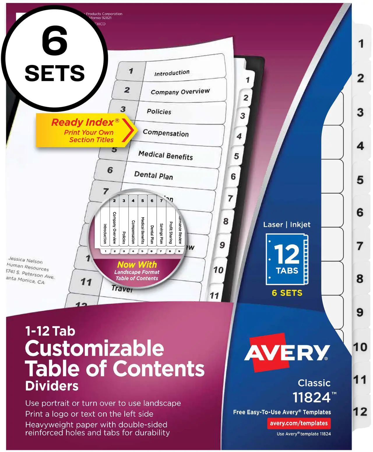 Main image of Avery Ready Index 12 Tab Dividers, Customizable TOC, 6 Sets (11824)