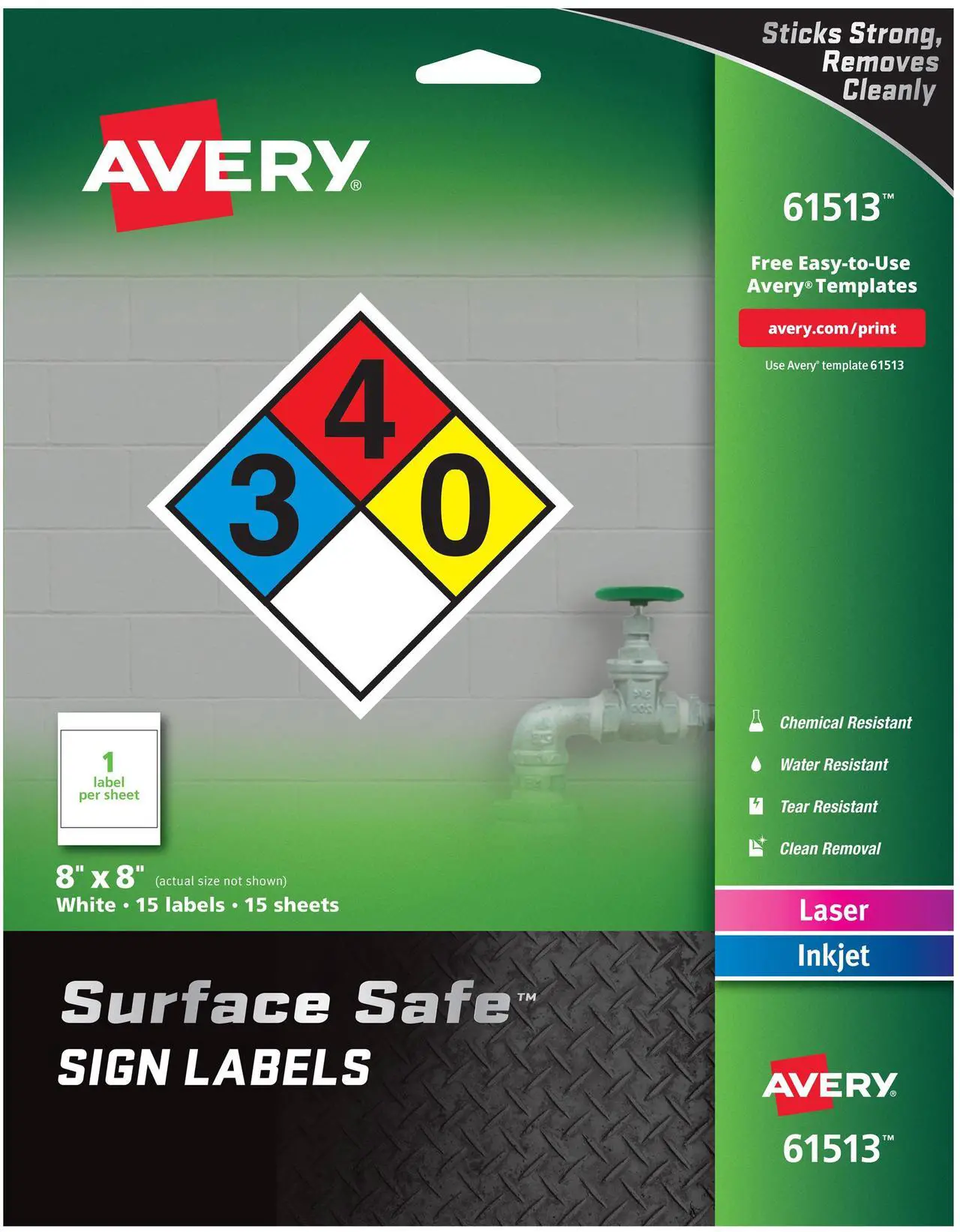 Main image of Avery 61513 (7278261513) Surface Safe Sign Labels, 8.00" x 8.00", Removable Adhesive, Water & Chemical Resistant, Pack of 15