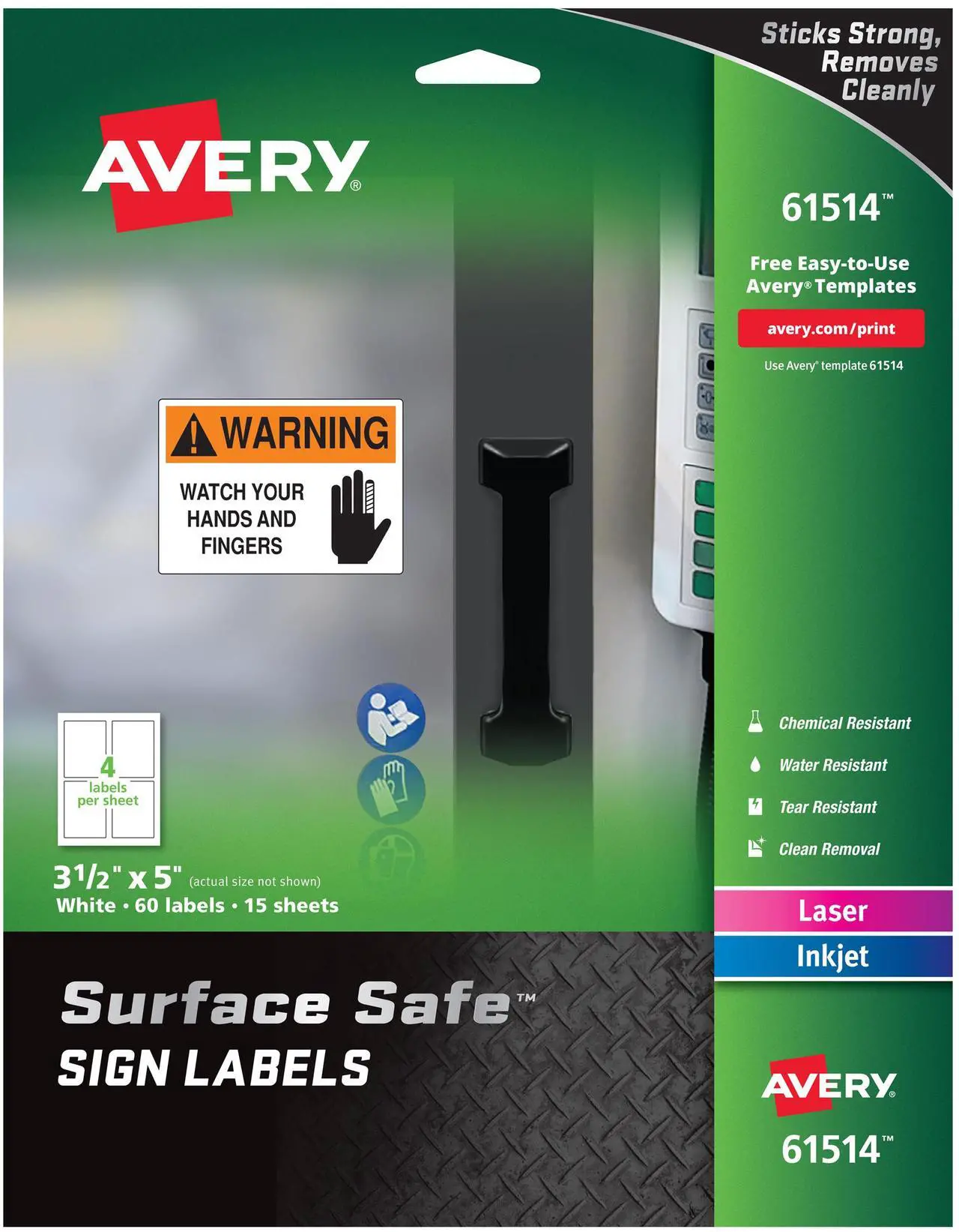 Main image of Avery 61514 (7278261514) Surface Safe Sign Labels, 3.50" x 5.00", Removable Adhesive, Water & Chemical Resistant, Pack of 60