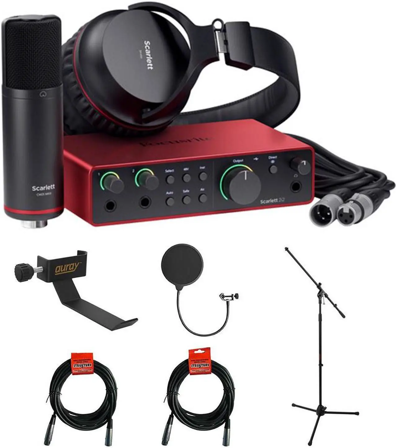 Main image of Focusrite Scarlett 2i2 Studio USB-C Audio Interface (4th Generation) with Condenser Microphone and Headphones Bundle with Tripod Mic Stand + Boom, Headphone Holder, Pop Filter & 2x XLR Cable