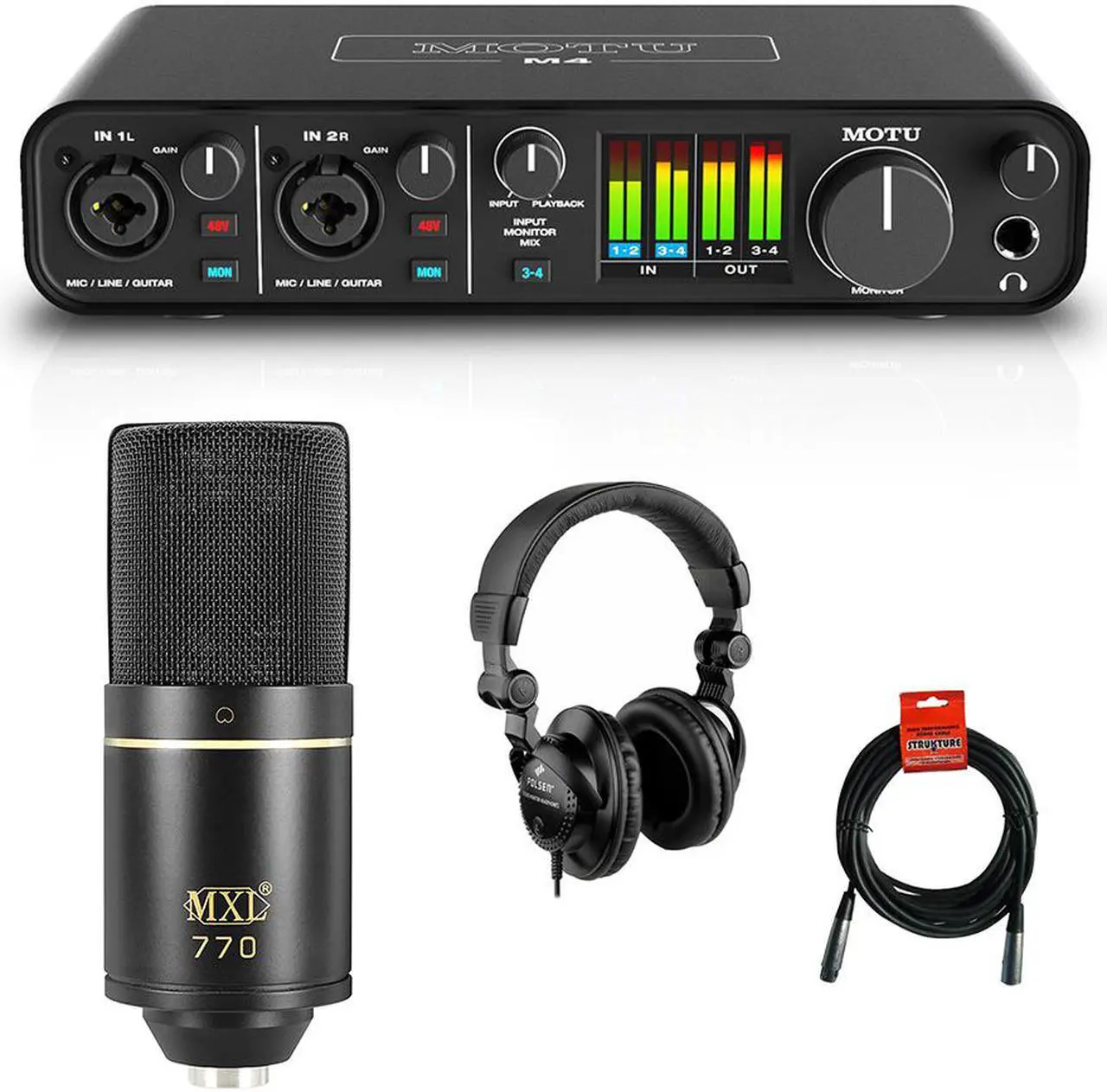 Main image of Motu M4 4x4 USB Audio Interface with MXL 770 Cardioid Microphone (Black), HPC-A30 Studio Monitor Headphones & XLR Cable Bundle