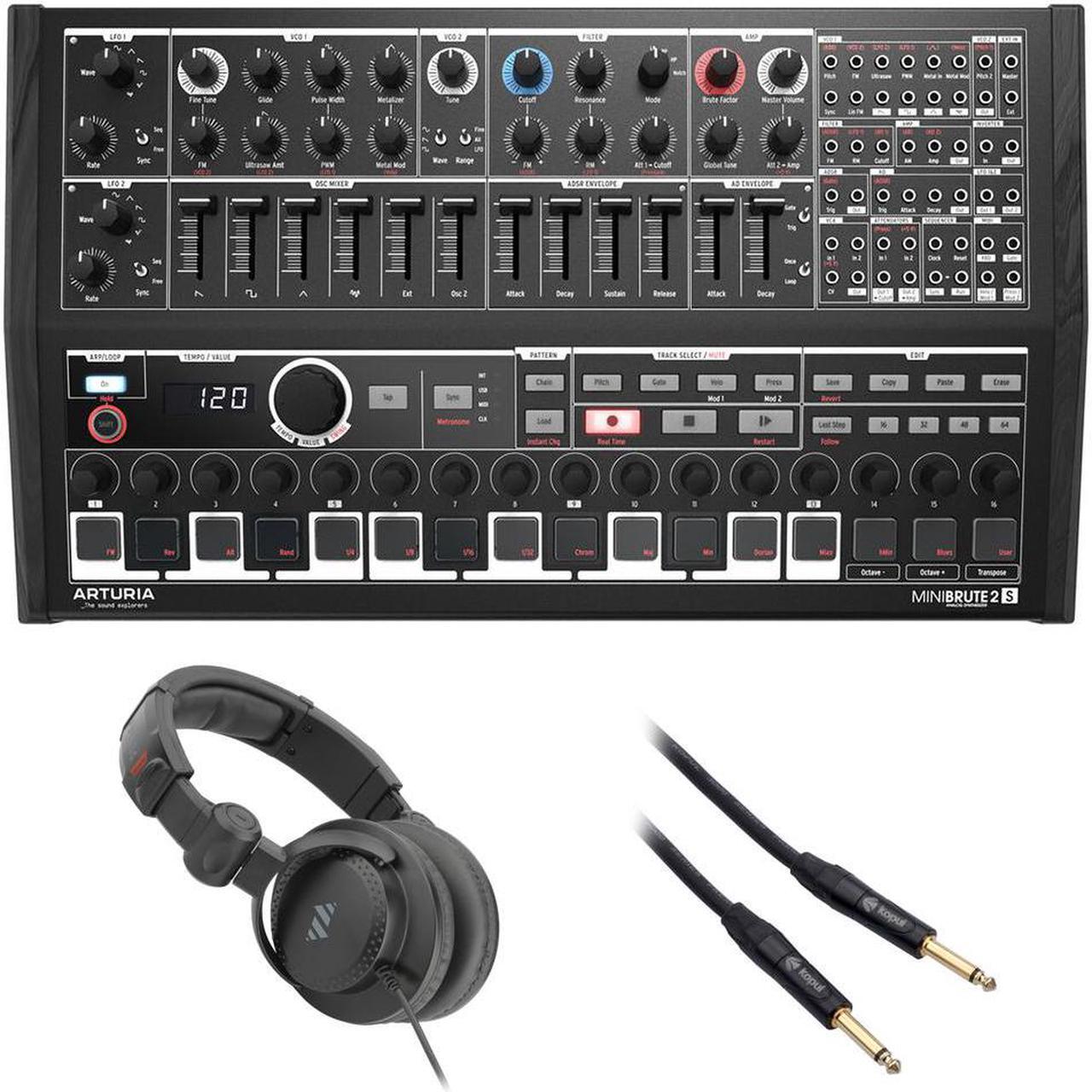 Main image of Arturia MiniBrute 2S Special Edition Noir Semi-modular Analog Sequencing Synthesizer Bundle with Polsen HPC-A30-MK2 Studio Monitor Headphones and 10' Instrument Cable