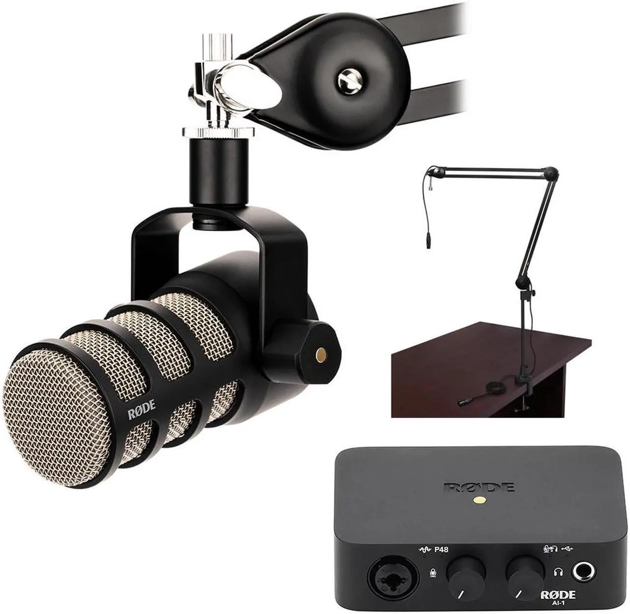 Main image of Rode PodMic Dynamic Podcasting Microphone Bundle with Rode AI-1 Studio-Quality USB Audio Interface and Auray BAI-2X Two-Section Broadcast Arm