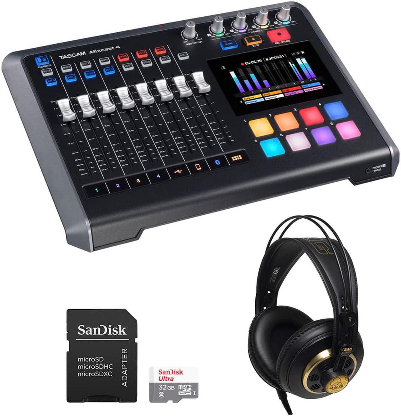 Main image of Tascam Mixcast 4 Podcast Station with Built-in Recorder/USB Audio Interface (MIXCAST4) Bundle with AKG K240 Studio Pro Stereo Headphones and 32GB 
microSDHC Memory Card