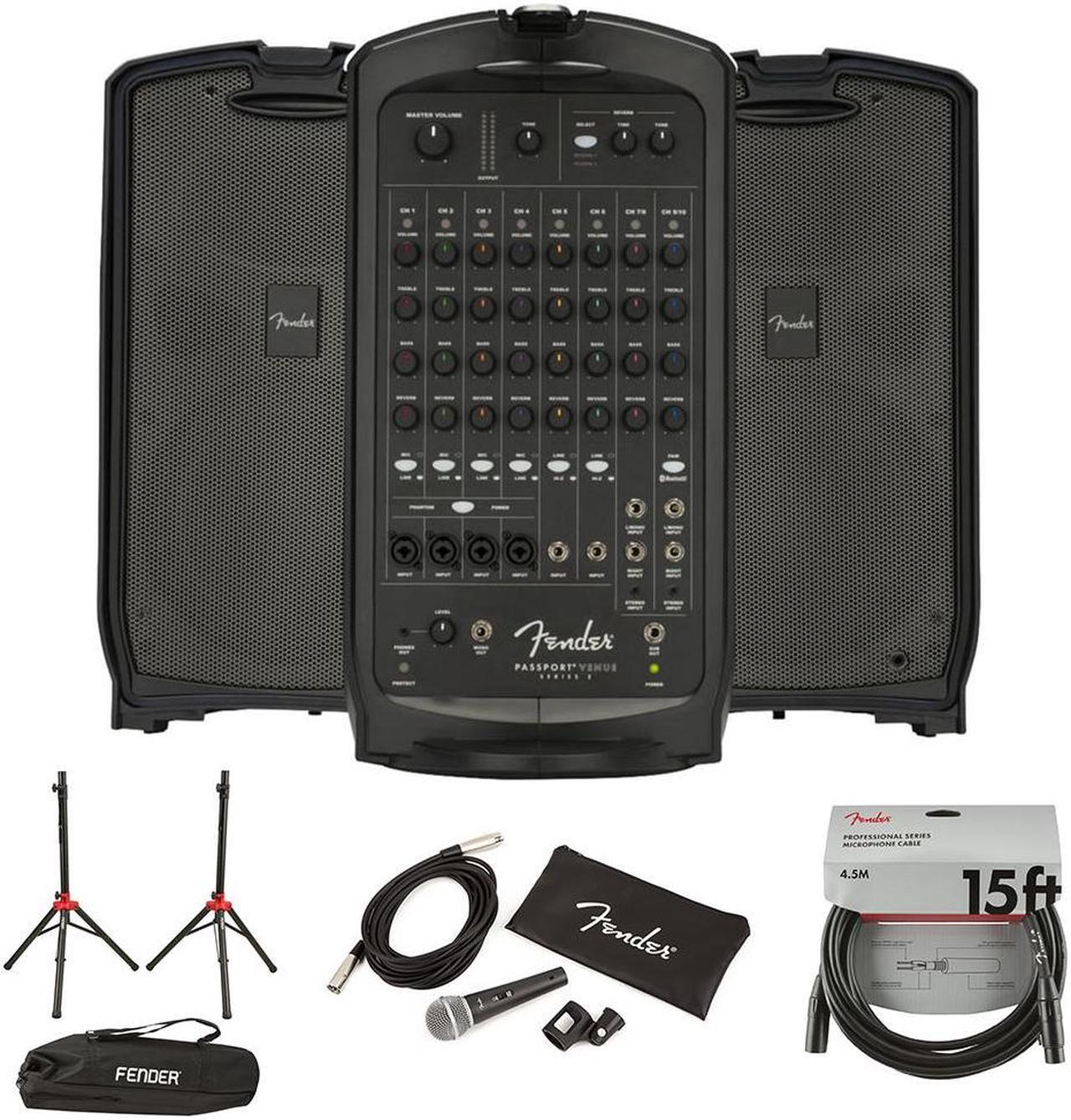 Main image of Fender Passport Venue Series 2 Portable Powered PA System Bundle with Fender Compact Speaker Stands, with Bag, P-52S Microphone Kit and Professional Series Cable 15'