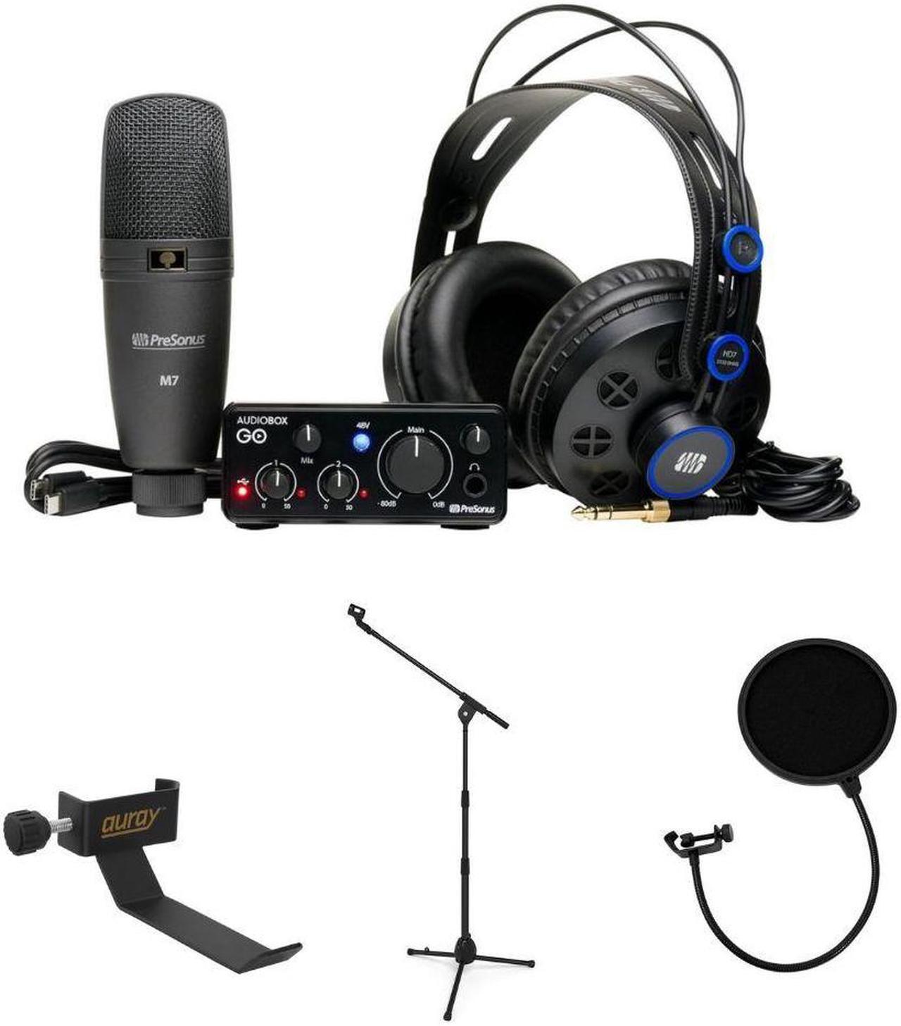 Main image of PreSonus AudioBox Go Creator Hardware/Software Recording Bundle Bundle with Auray COHH-2 Clamp On Headphone Holder For Mic Stand, Kellards PST2 Adjustable Height Microphone Stand with Boom, Pop Filter
