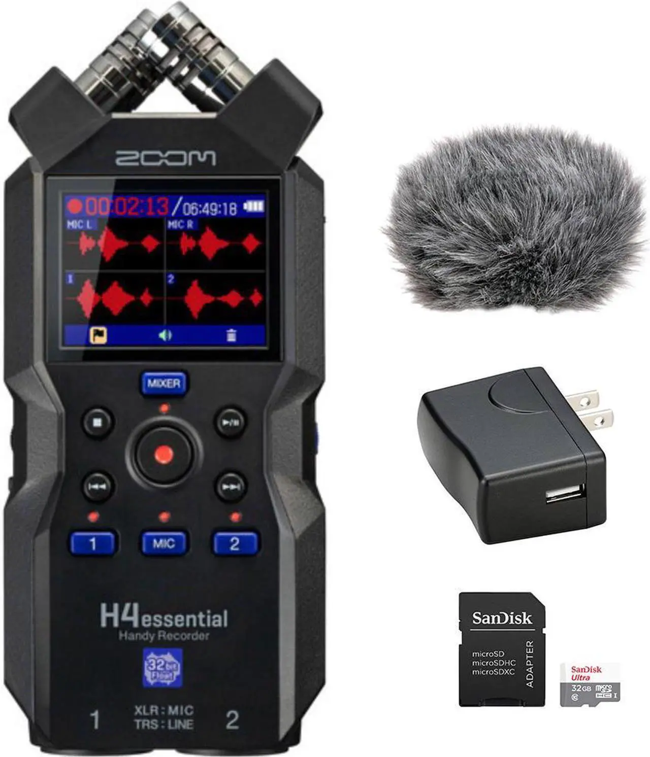 Main image of Zoom H4essential 4-Track 32-Bit Float Portable Audio Recorder Bundle with Auray WRW-H4N Custom Windbuster for Zoom H4n, 32GB SDHC Memory Card and Zoom AD17 AC Adapter